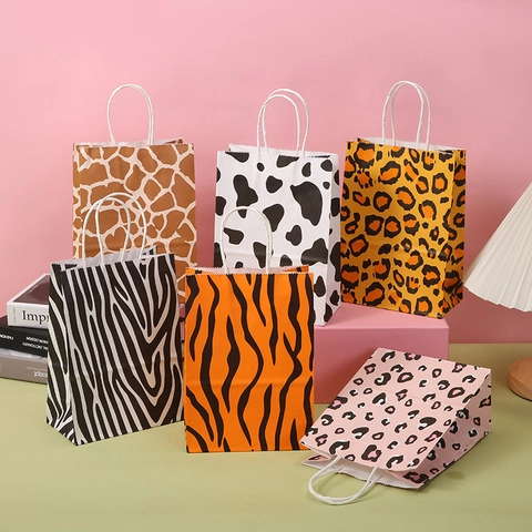 Animal Print Papier Geschenktüten Mit Griffen Leoparden Zebra Tiger Kuh Giraffen Muster Kraftpapiertüten Für Party Geburtstag Deko