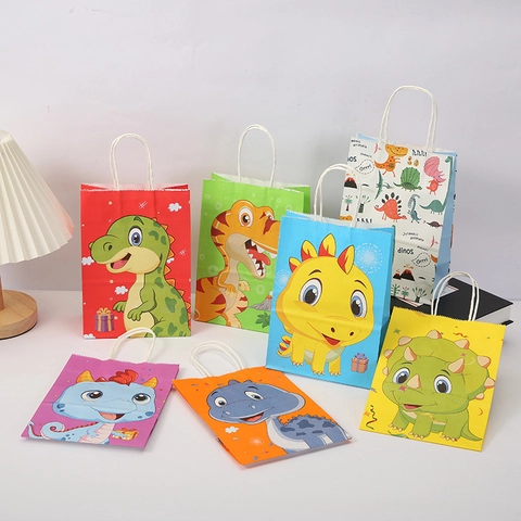 Cartoon Dinosaur Paper Gift Bags With Handles For Kids Birthday Party Favors Colorful Kraft Paper Treat Bags For Holiday Celebration Jewelry Gifts