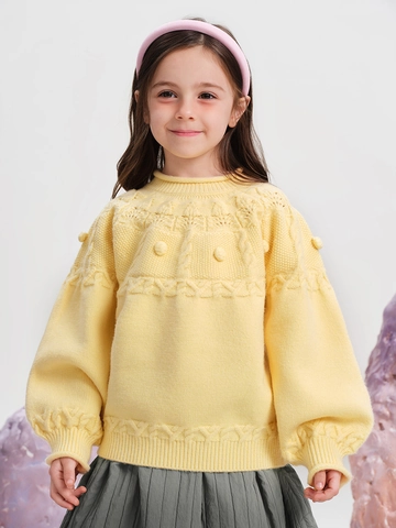 Girls Knitted Sweater Acrylic Blend Cable Knit Pom Pom Crew Neck Long Sleeve Warm Casual Pullover Kids Winter Clothing