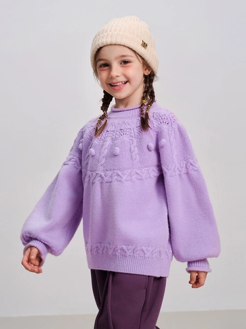 Girls Knitted Sweater Acrylic Blend Cable Knit Pom Pom Crew Neck Long Sleeve Warm Casual Pullover Kids Winter Clothing
