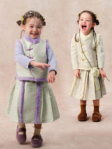 Girls New Chinese Style Clothing Set Frog Button Fleece Vest Pleated Skirt Winter Warm Vintage Outfit For Kids Girls