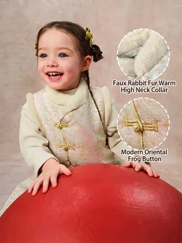 Girls New Chinese Style Clothing Set Frog Button Fleece Vest Pleated Skirt Winter Warm Vintage Outfit For Kids Girls