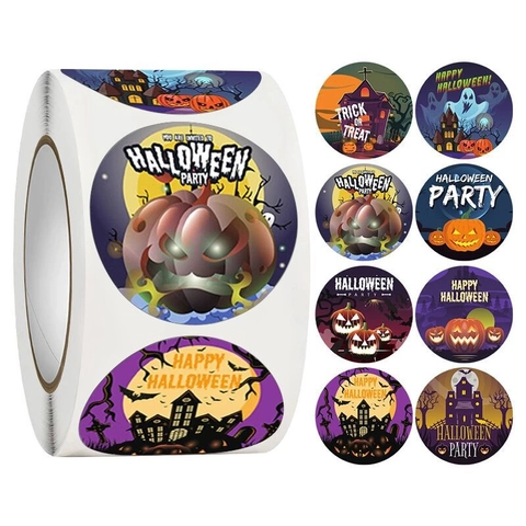 Autocollants Ronds Fête d'Halloween Motif Citrouille Fantôme Château Étiquettes Cadeaux Adhésives pour Décoration Trick Or Treat