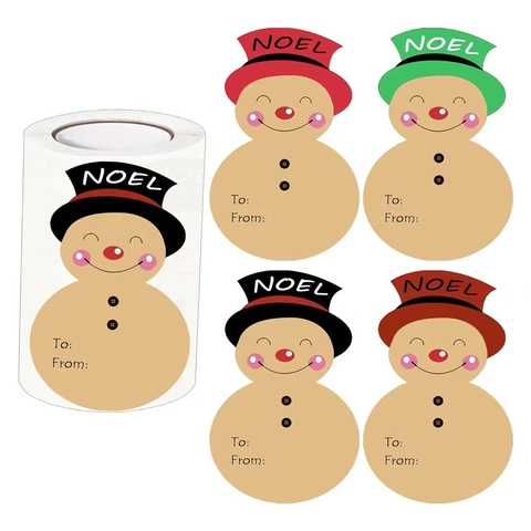 Snowman Shaped Kraft Paper Gift Labels Christmas Noel Design Self Adhesive Writing Tag Stickers For Holiday Wrapping Decor