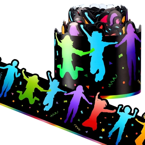 Multicolor Dancing People Silhouette Bulletin Board Borders Coated Paper Wave Edge Classroom Party Wall Decoration Sticker Roll