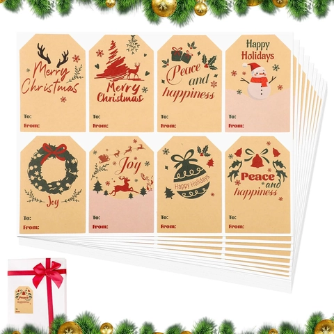 Étiquettes Cadeaux de Noël Autocollantes en Papier Kraft Avec To From Motifs de Renne et Bonhomme de Neige Autocollants de Fête