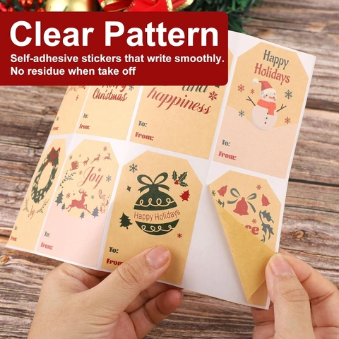 Étiquettes Cadeaux de Noël Autocollantes en Papier Kraft Avec To From Motifs de Renne et Bonhomme de Neige Autocollants de Fête
