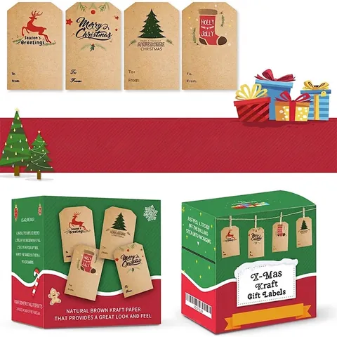 Christmas Kraft Paper Gift Stickers Reindeer Tree Pattern Self Adhesive Labels For Holiday Present Wrapping Decoration