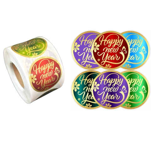 Happy New Year Stickers Gold Foil Round Adhesive Sealing Labels For Red Envelope Gift Box Party Decor Multi Color Butterfly Flower Pattern