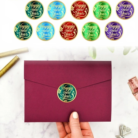 Happy New Year Stickers Gold Foil Round Adhesive Sealing Labels For Red Envelope Gift Box Party Decor Multi Color Butterfly Flower Pattern