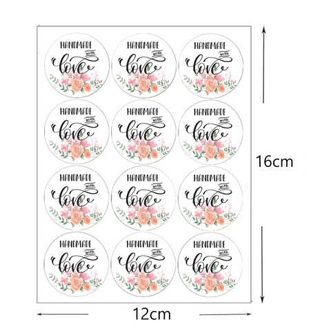 Round Handmade With Love Stickers Floral Pink Rose Self Adhesive Sealing Labels For Gift Box Envelope Craft Packaging Baking