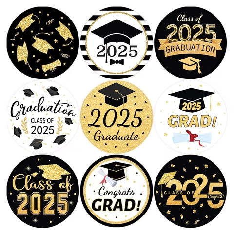 Class Of 2025 Graduation Stickers Roll Black Gold Congrats Grad Labels For Envelope Sealing Gift Wrapping Party Decor