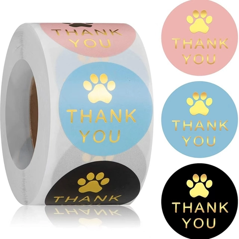 Round Gold Foil Paw Print Thank You Decorative Seal Labels Pink Sky Blue Black Stationery Gift Packaging Stickers