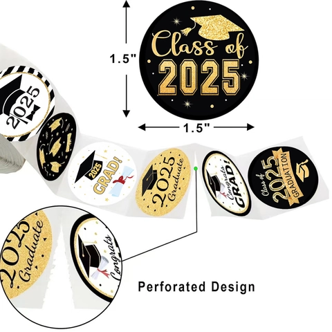 Class Of 2025 Graduation Stickers Roll Black Gold Congrats Grad Labels For Envelope Sealing Gift Wrapping Party Decor