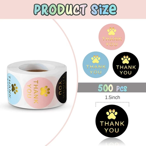 Round Gold Foil Paw Print Thank You Decorative Seal Labels Pink Sky Blue Black Stationery Gift Packaging Stickers