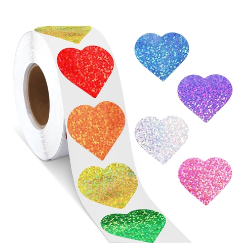 Rotolo di Adesivi Glitter Laser a Cuore Multicolore Etichette Sigillanti Autoadesive a Forma di Cuore per San Valentino Festa della Mamma