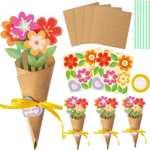Kit Fai da Te Bouquet di Fiori di Carta per la Festa della Mamma Con Fiori in Cartoncino Nastro di Raso e Etichette Regalo a Cuore