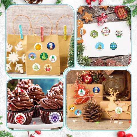 Round Christmas Sticker Roll For Gift Wrapping Envelope Card Decoration Featuring Santa Reindeer Snowman Self Adhesive Paper Festive Decorative Label Stickers