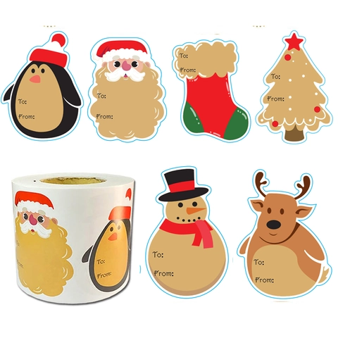Christmas Gift Tags Stickers Cartoon Santa Claus Snowman Reindeer Tree Shaped Self Adhesive Xmas Holiday Wrap Label Decor