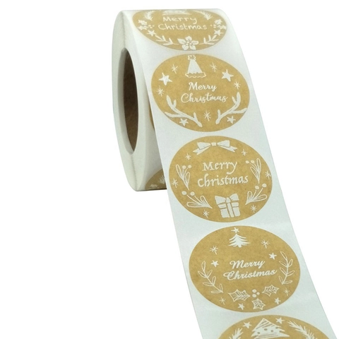 Adesivi Natalizi Rotondi in Carta Kraft Con Scritta Merry Christmas Noel Motivo Festivo Disegnato a Mano per Decorazione Regali di Natale