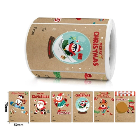 Christmas Kraft Paper Gift Tags Cartoon Santa Snowman Reindeer Design Merry Christmas To From Label For Holiday Gift Packaging