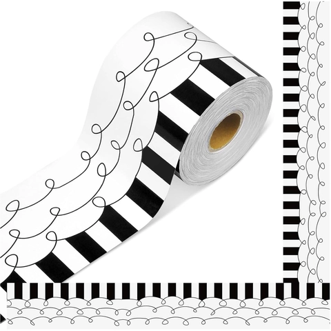Black And White Striped Bulletin Board Borders For Classroom Decoration Scalloped Adhesive Paper Roll Back To School Bulletin Board Decorations