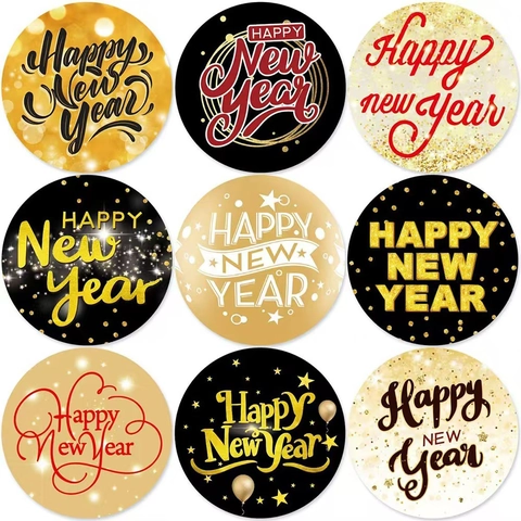 Happy New Year Stickers Round Self Adhesive Labels Gold Black Festive Gift Wrapping Envelope Seal For Holiday Decor