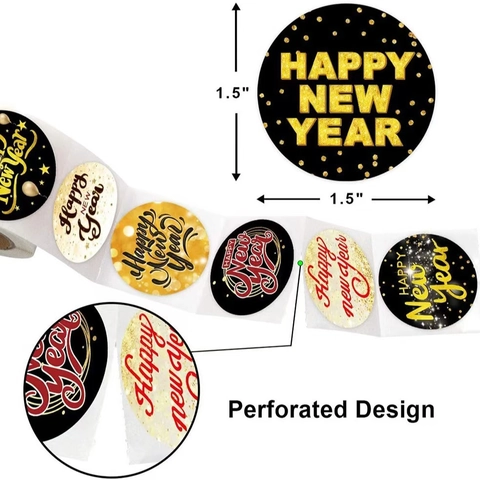 Happy New Year Stickers Round Self Adhesive Labels Gold Black Festive Gift Wrapping Envelope Seal For Holiday Decor