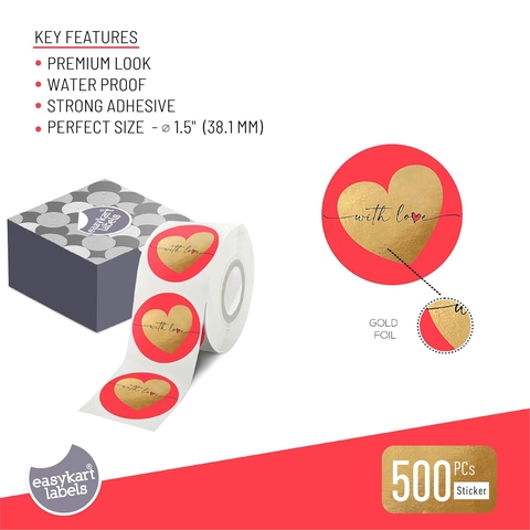 Adesivi Rotondi Rossi a Cuore Con Lamina d'Oro Scritta With Love Impermeabili Etichette Adesive Per Regalo San Valentino