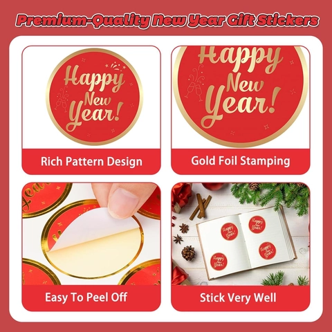 Autocollants de Bonne Année Rouges Ronds Marquage à Chaud Or Étiquettes de Scellage Pour Emballages Cadeaux Décor