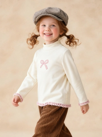 Girls Long Sleeve Mock Neck T-Shirt Viscose Cotton Blend Pink Bow Embroidery Lettuce Edge Frill Bottoming Top
