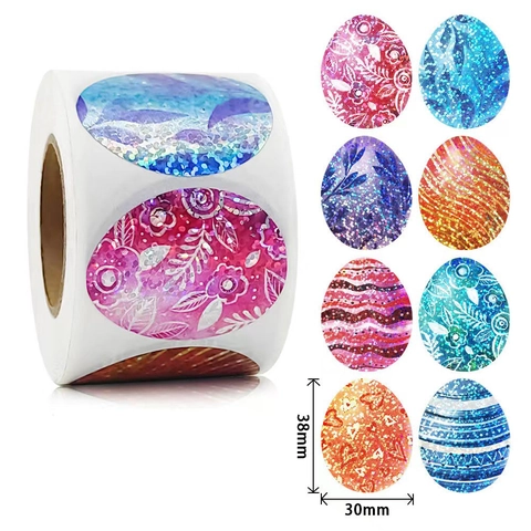 Laser Flashing Easter Egg Stickers Rainbow Colorful Self Adhesive Roll For Holiday Party Favors Gift Box DIY Decoration