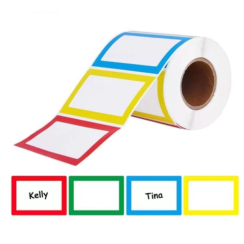 Roll Name Label Stickers 4 Color Border Self-Adhesive Rectangular Tags For Home Office School Storage Classification Organization
