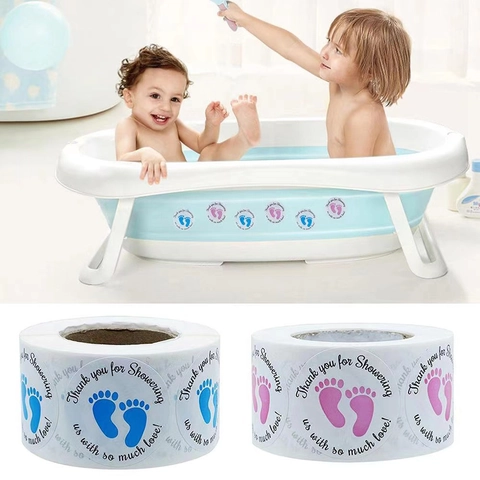 Runde Babyparty Danke Aufkleber Blau Rosa Fußabdruck Design Selbstklebende Etiketten Für Neugeborene Geschenke Party Deko Umschlag Versiegelung