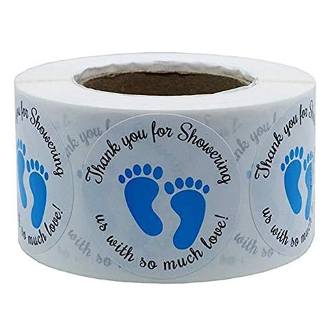 Runde Babyparty Danke Aufkleber Blau Rosa Fußabdruck Design Selbstklebende Etiketten Für Neugeborene Geschenke Party Deko Umschlag Versiegelung