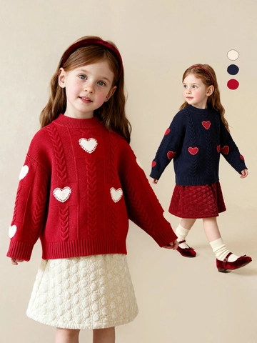 Girls Winter Knitted Sweater Heart Pattern Cable Knit Round Neck Long Sleeve Pullover Warm Kids Holiday Clothing