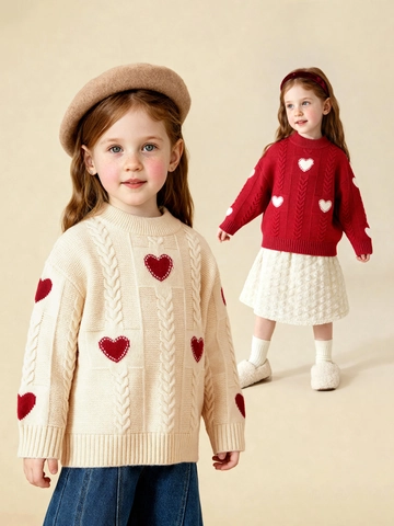 Girls Winter Knitted Sweater Heart Pattern Cable Knit Round Neck Long Sleeve Pullover Warm Kids Holiday Clothing