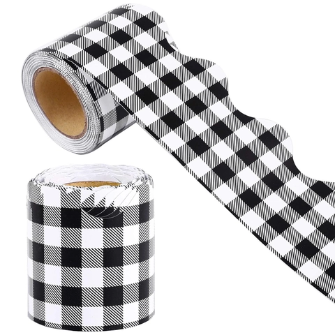 Black And White Checkerboard Bulletin Board Border Scalloped Edge Self Adhesive Wall Sticker For Classroom Home Decor Buffalo Plaid Border Trim