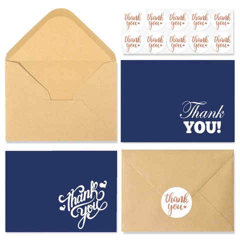 Marineblau Dankeskarten Set Mit Umschlägen Und Aufklebern Weißer Karton Kraftpapier Notizkarten Für Hochzeit Party Abschlussfeier Geschäftskarten