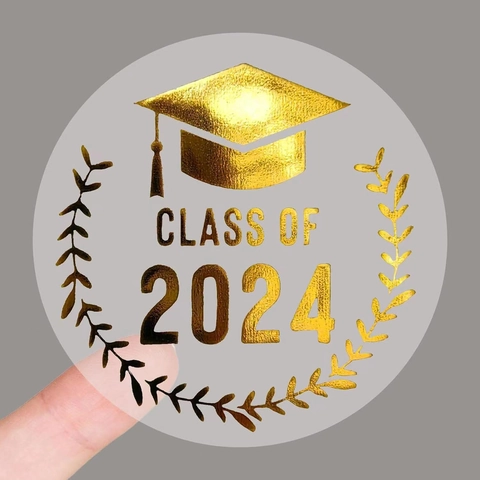 Class Of 2024 Graduation Cap Stickers Transparent Gold Foil Round Seal Labels For Graduation Party Favors Decor Envelopes