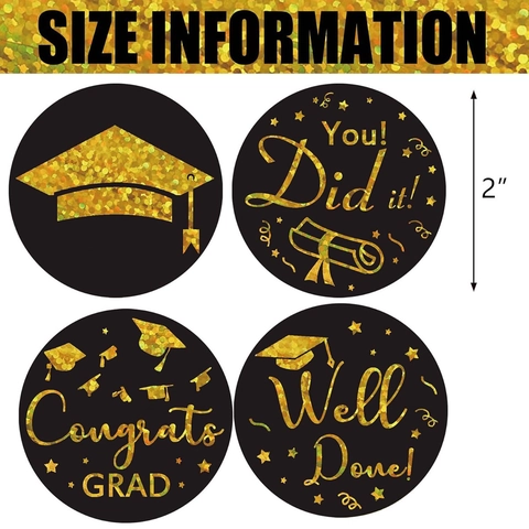 Congrats Grad Stickers Round Graduation Cap Diploma Labels For Party Favors Gift Packaging Black Gold Celebration Stickers