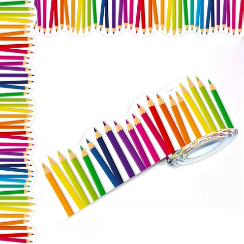 Autocollants de Bordure de Tableau d'Affichage Scolaire Crayon Arc-en-ciel Ligne Ondulée Décalcomanies Adhésives pour Enseignants