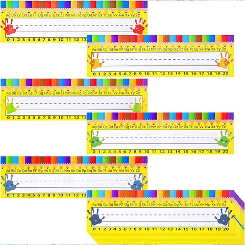 Pegatinas de Placa de Nombre de Escritorio para Estudiantes con Patrón de Lápiz para el Aula Escolar Etiquetas Educativas con Alfabeto y Línea de Números Pegatinas y Puntos de Pegamento