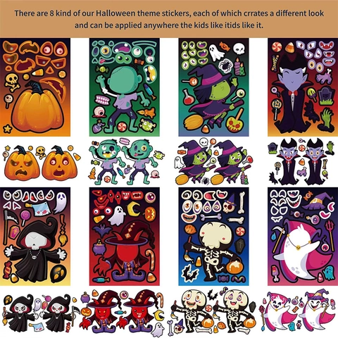 Halloween DIY Gesicht Aufkleber Für Kinder Kürbis Geist Skelett Vampir Hexe Zombie Reaper Party Favors Deko Etiketten