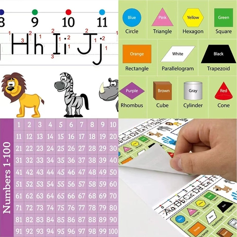 Targhette Educative per Scrivania per Studenti Alfabeto Linea Numerica Forme Geometriche Adesivo Scrivania Impermeabile PVC per Bambini