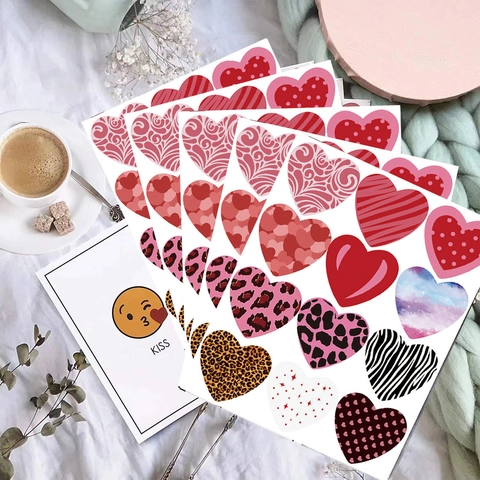 Herzförmige Aufkleber Wasserdichtes Kupferdruckpapier Mehrere Muster Leopard Punkte Valentinstag Hochzeit Einladung Siegel Verpackung DIY Dekoration