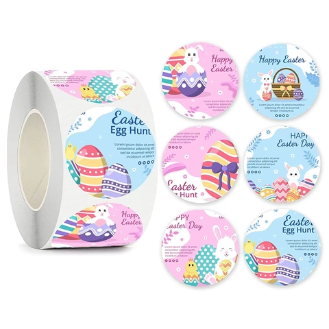 Frohe Ostern Runde Aufkleber Cartoon Hase Ei Muster Für Geschenkverpackung Festliche Feier Dekorative Etiketten