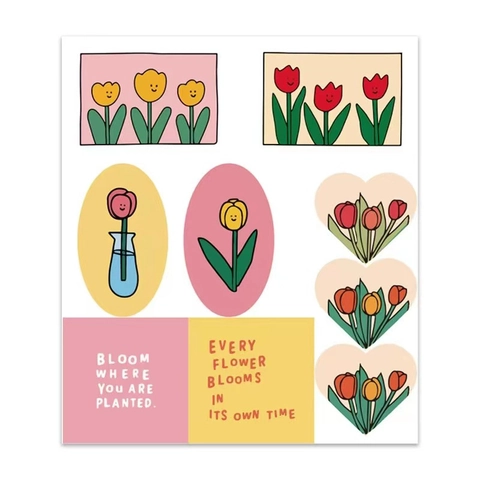 Mignons Autocollants Décoratifs Imperméables Fleur de Tulipe Visage Souriant pour Journal Scrapbooking Étiquettes Auto-Adhésives