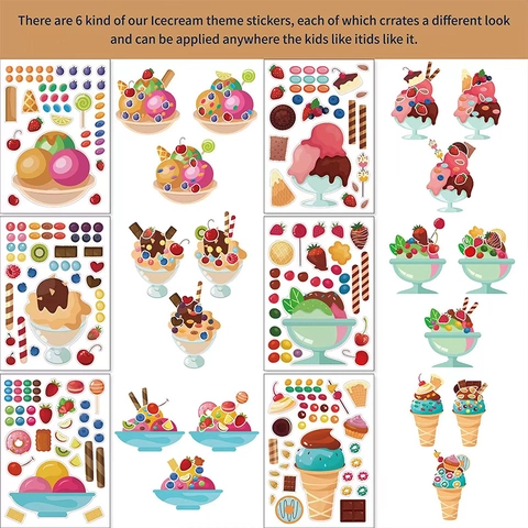 Cartoon Ice Cream Dessert DIY Stickers Set Self-Adhesive Strawberry Sundae Hand-drawn Scrapbooking Decals For Kids Craft