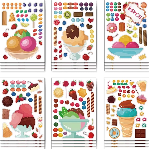 Cartoon Ice Cream Dessert DIY Stickers Set Self-Adhesive Strawberry Sundae Hand-drawn Scrapbooking Decals For Kids Craft